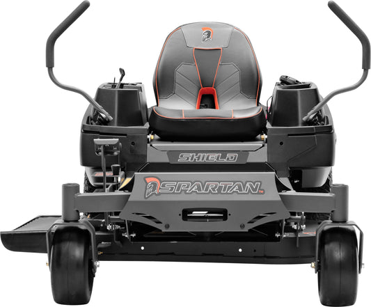 Magnetic pin deck height adjustment on Spartan Shield mower.